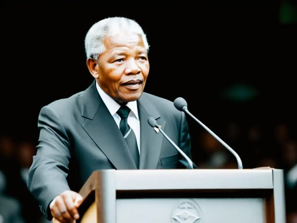 Nelson Mandela lucha por derechos humanos, pronunciando un discurso apasionado frente a una multitud diversa