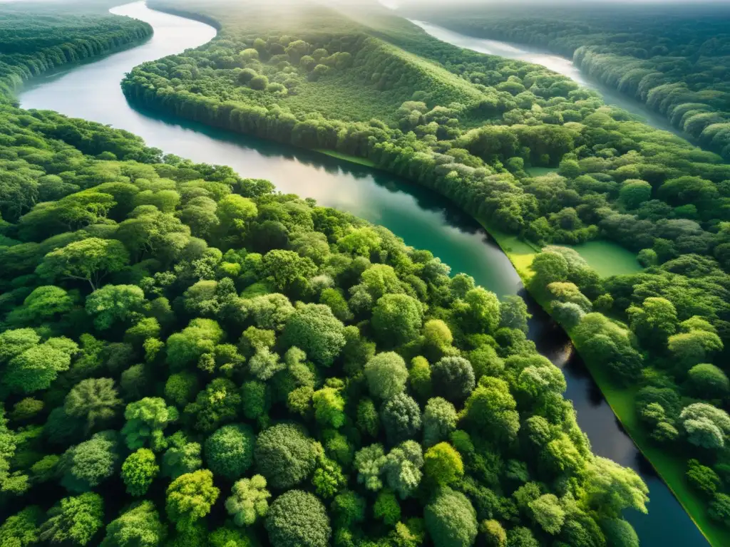 Derechos humanos generaciones futuras: Vista aérea de un exuberante bosque verde con luz solar filtrándose a través del dosel, resaltando la red de árboles, ríos y vida silvestre