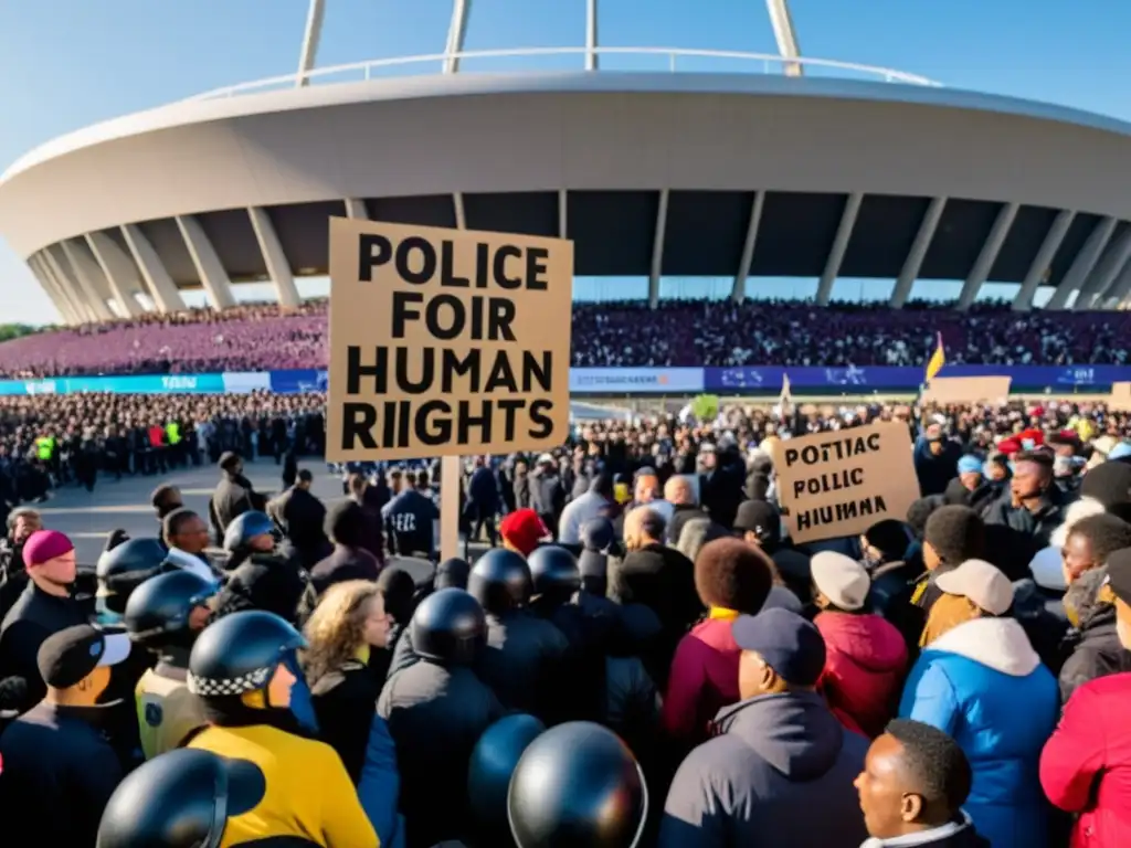 Manifestación por política y derechos humanos en los Juegos Olímpicos: diversidad de personas con pancartas frente al estadio, rodeados de policía