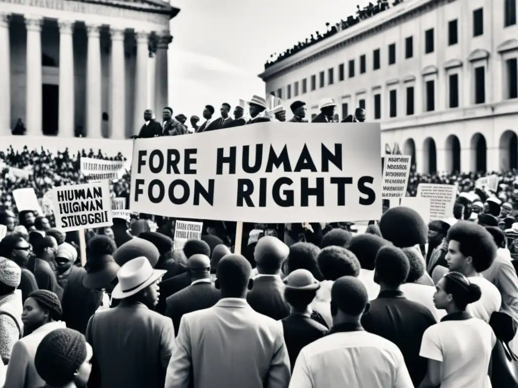 Manifestación por los derechos humanos con letreros de Declaración de los Derechos del Hombre