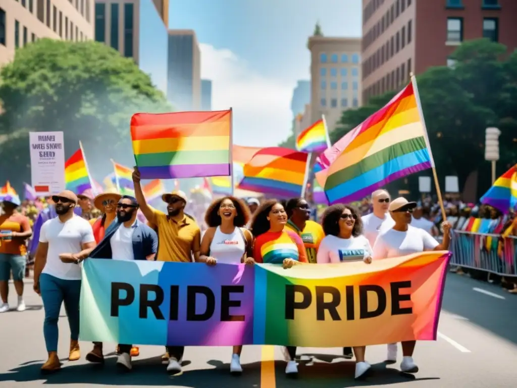 Manifestación por los derechos humanos LGTBIQ+, libertad de expresión y asociación en el desfile del orgullo, con pancartas y banderas coloridas
