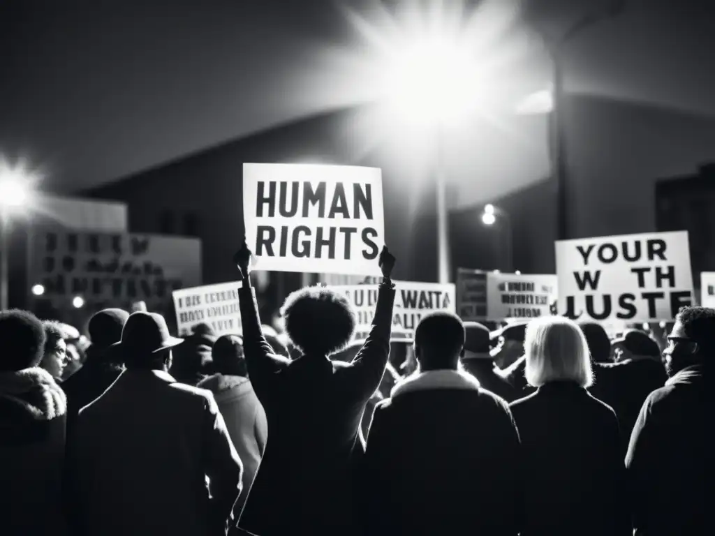 Derechos humanos en la fotografía: Manifestantes con pancartas impactantes luchan por la justicia en dramática luz y sombras