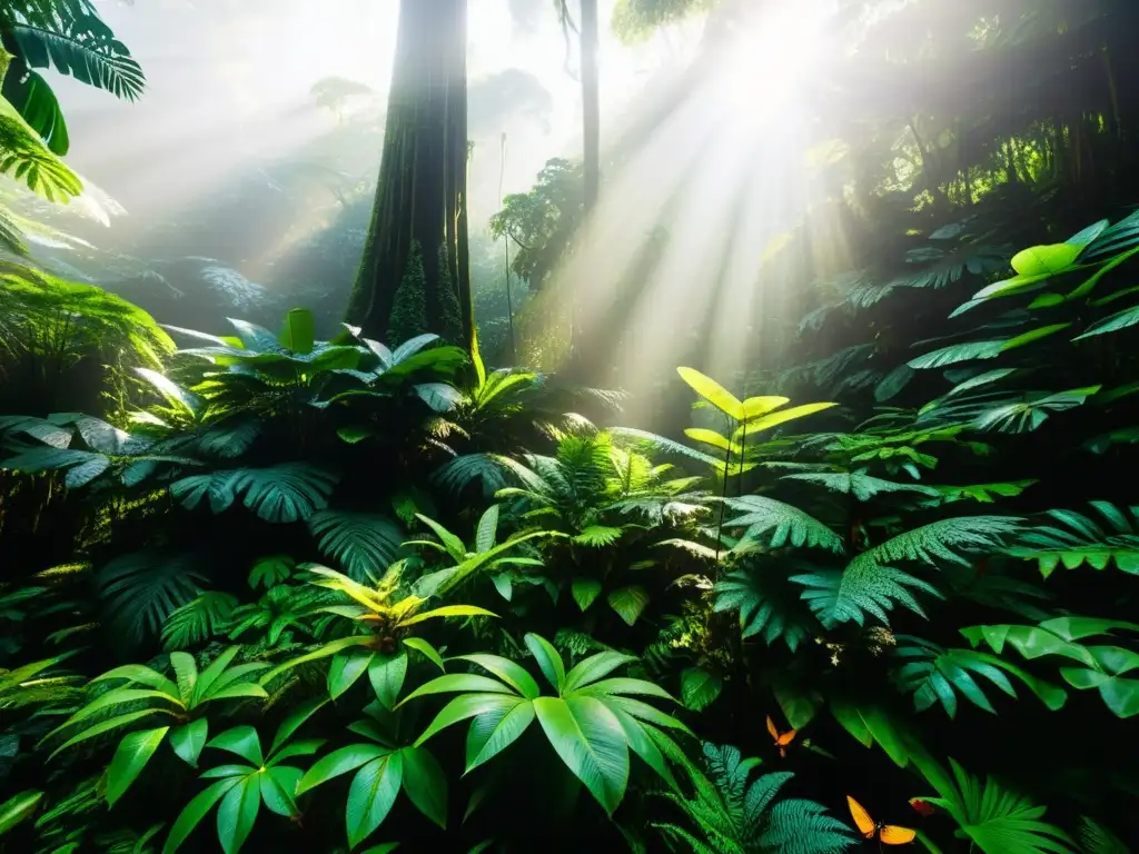 Maravillosa selva tropical: biodiversidad y belleza natural Derechos humanos medio ambiente planeta saludable: Imagen impactante de un exuberante y vibrante bosque tropical, rebosante de vida diversa y colorida, con la luz del sol filtrándose a través del dosel y proyectando sombras moteadas en el suelo del bosque