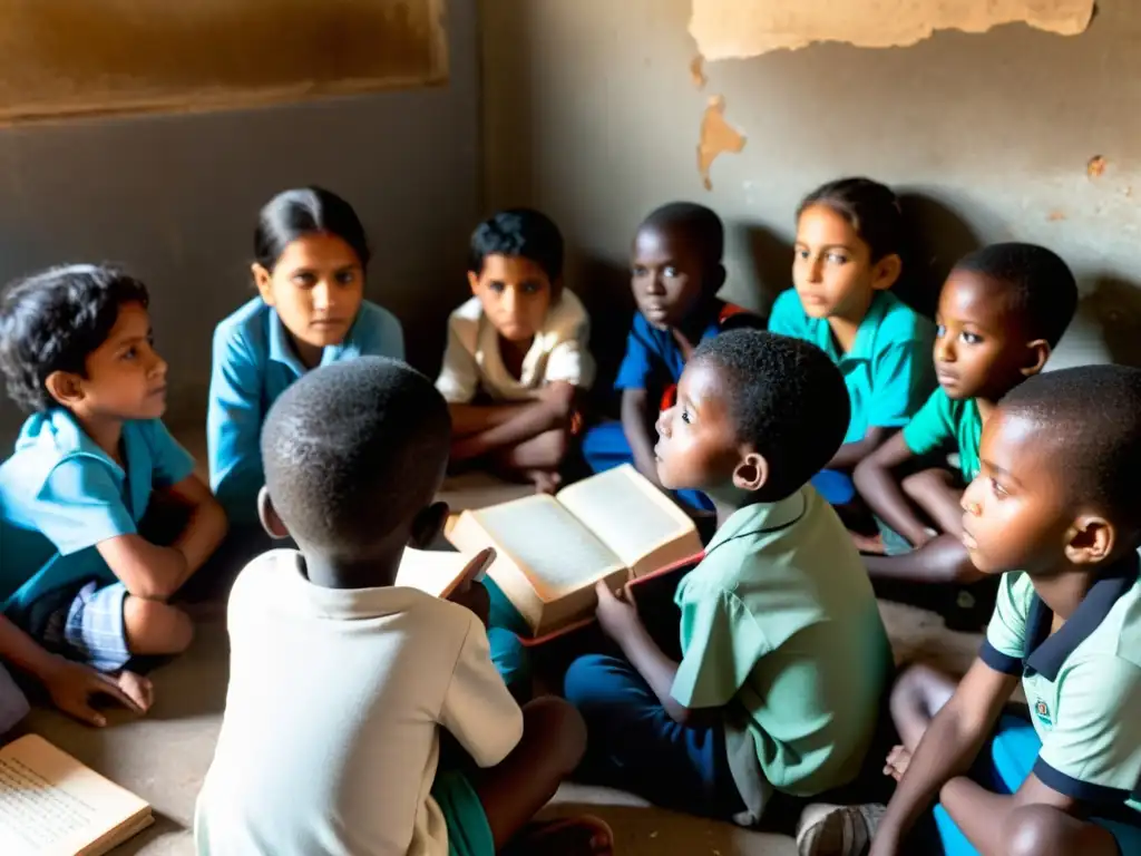 Lección de derechos humanos en desplazamiento: niños atentos en aula improvisada, rodeados de libros viejos, mientras maestro enseña con compasión