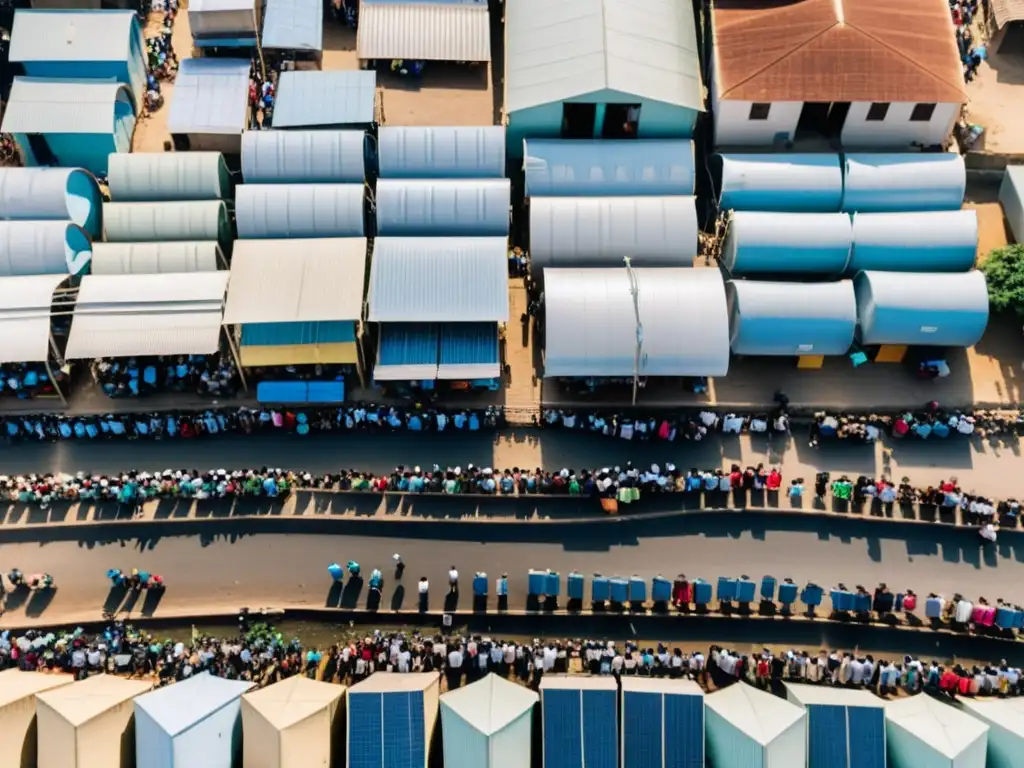 Derechos humanos acceso servicios básicos: Vista aérea de una zona urbana abarrotada durante una pandemia, con personas haciendo fila para acceder a servicios básicos como agua y electricidad, destacando los desafíos en garantizar estos derechos durante crisis