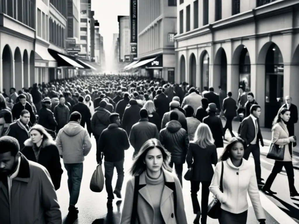 Derechos humanos tráfico humano: Fotografía en blanco y negro de una concurrida calle urbana, con personas vulnerables y anónimas