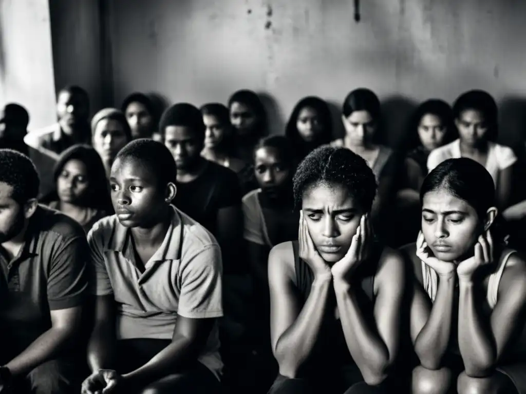 Derechos humanos tráfico humano: Fotografía en blanco y negro de una sala llena de personas en angustia y desesperación