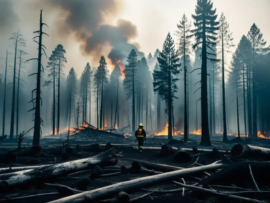 Derechos humanos en zonas afectadas: Fotografía en blanco y negro de un bosque carbonizado y bomberos luchando contra las llamas