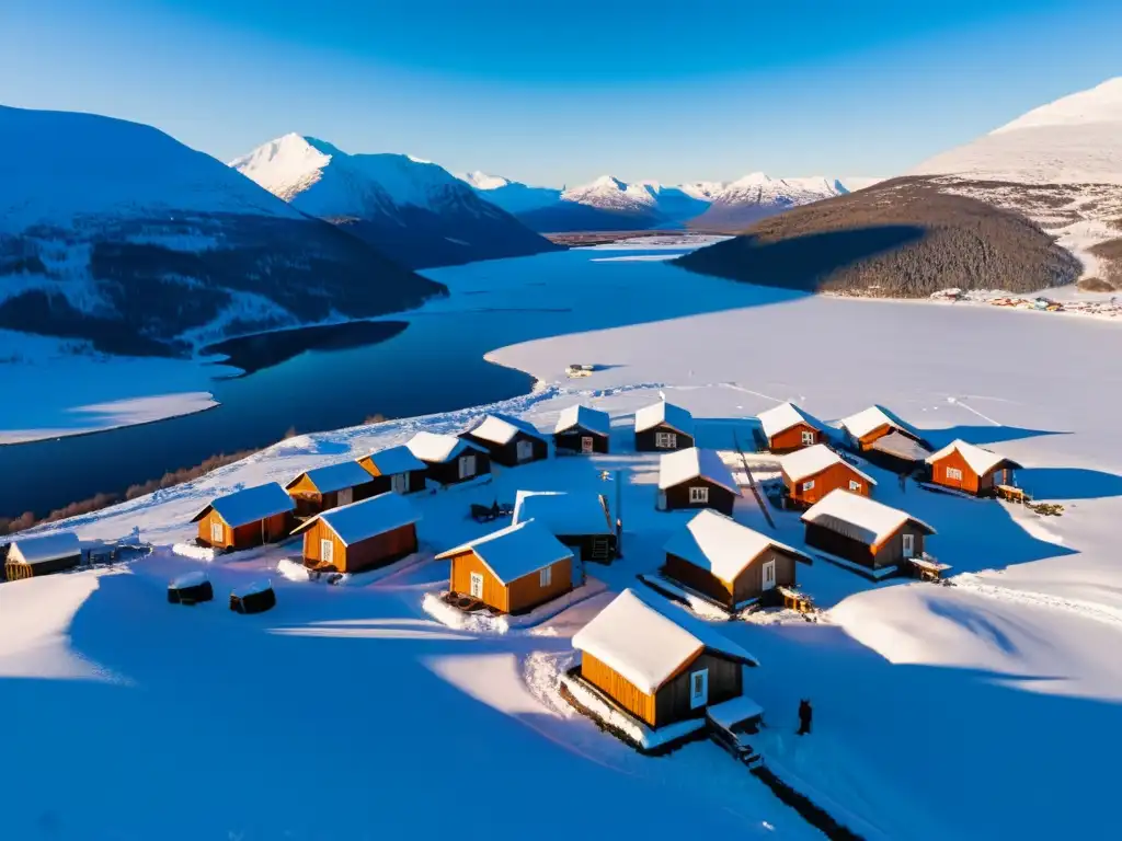 Derechos indígenas Sami Escandinavia: Aldea sami cubierta de nieve, con tiendas lavvu y casas de madera, lago con renos y montañas al atardecer