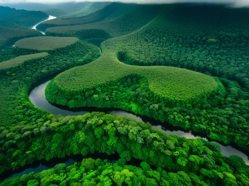 Derechos indígenas en Montes Tumucumaque: Vista aérea impresionante del exuberante bosque lluvioso, con luz solar filtrándose entre las hojas verdes