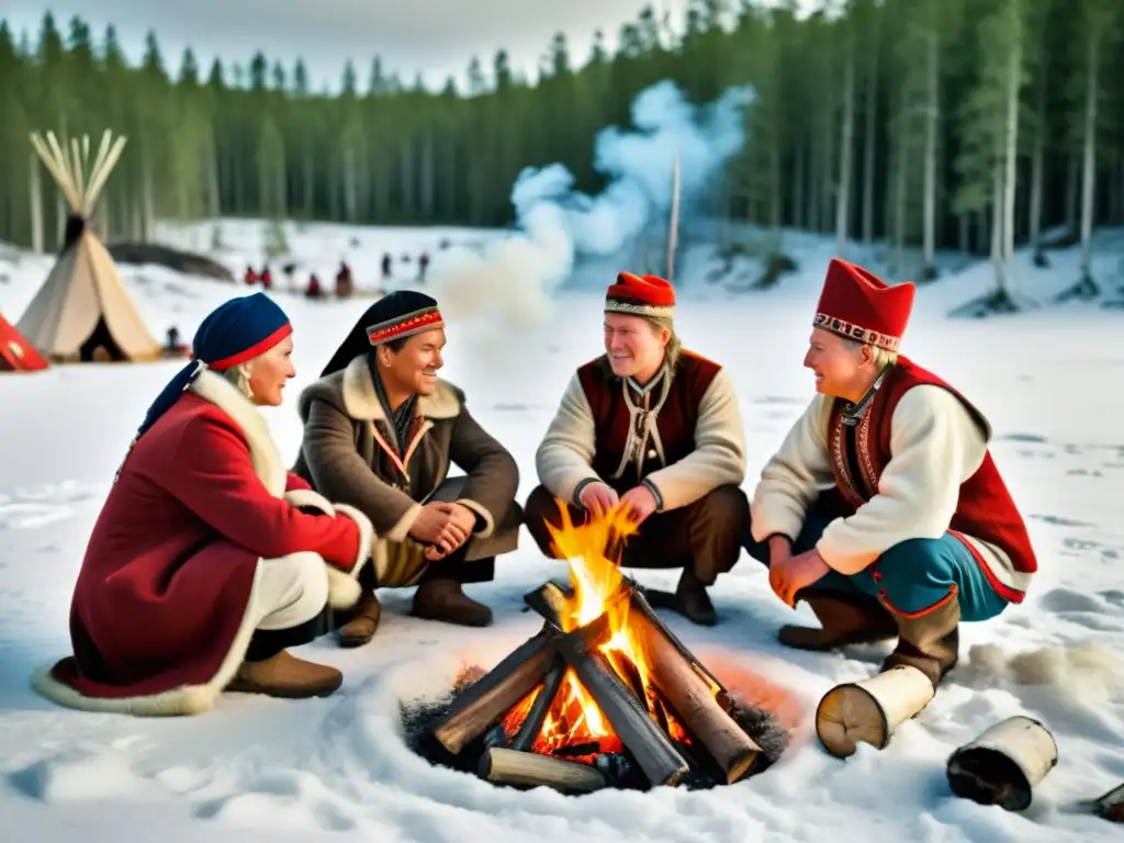 Derechos indígenas Sami Escandinavia: Grupo de Sami en trajes tradicionales alrededor de fogata en paisaje nevado