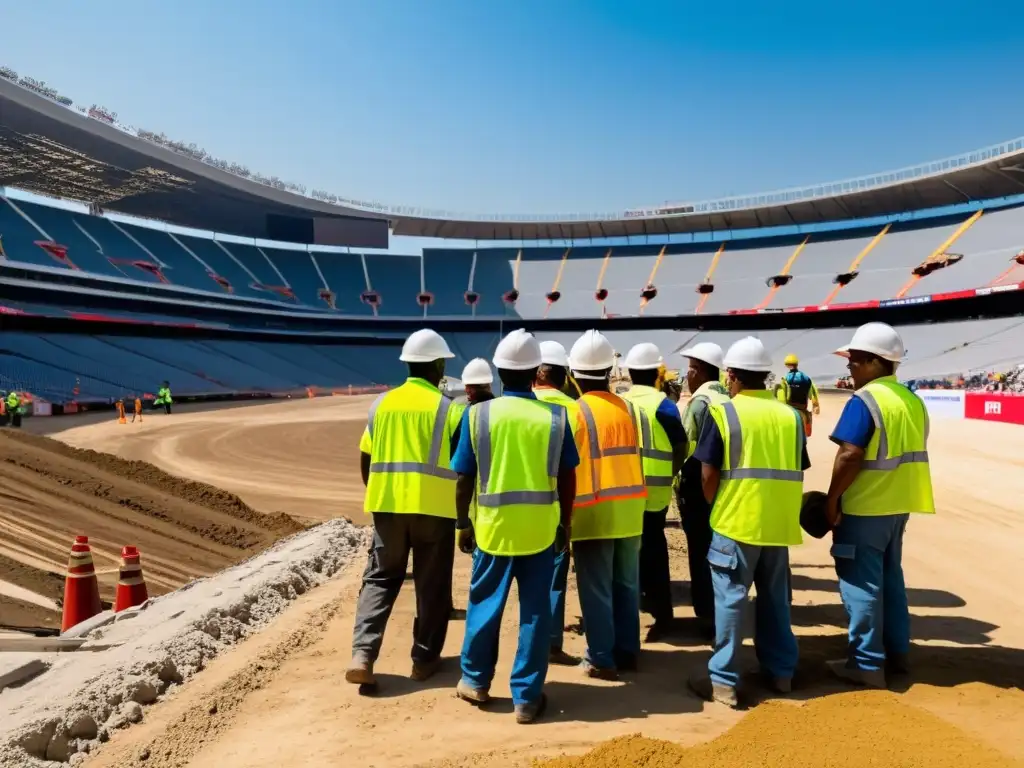 Derechos laborales en construcción estadios: Trabajadores esforzados construyendo un estadio masivo bajo el sol abrasador