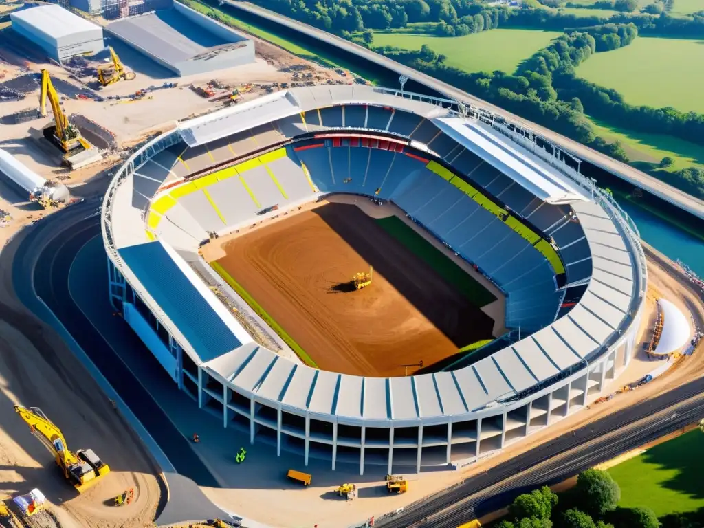 Derechos laborales en construcción estadios: Trabajo intenso en la edificación de un estadio para un gran evento deportivo, con un paisaje amplio y trabajadores esforzados bajo el sol