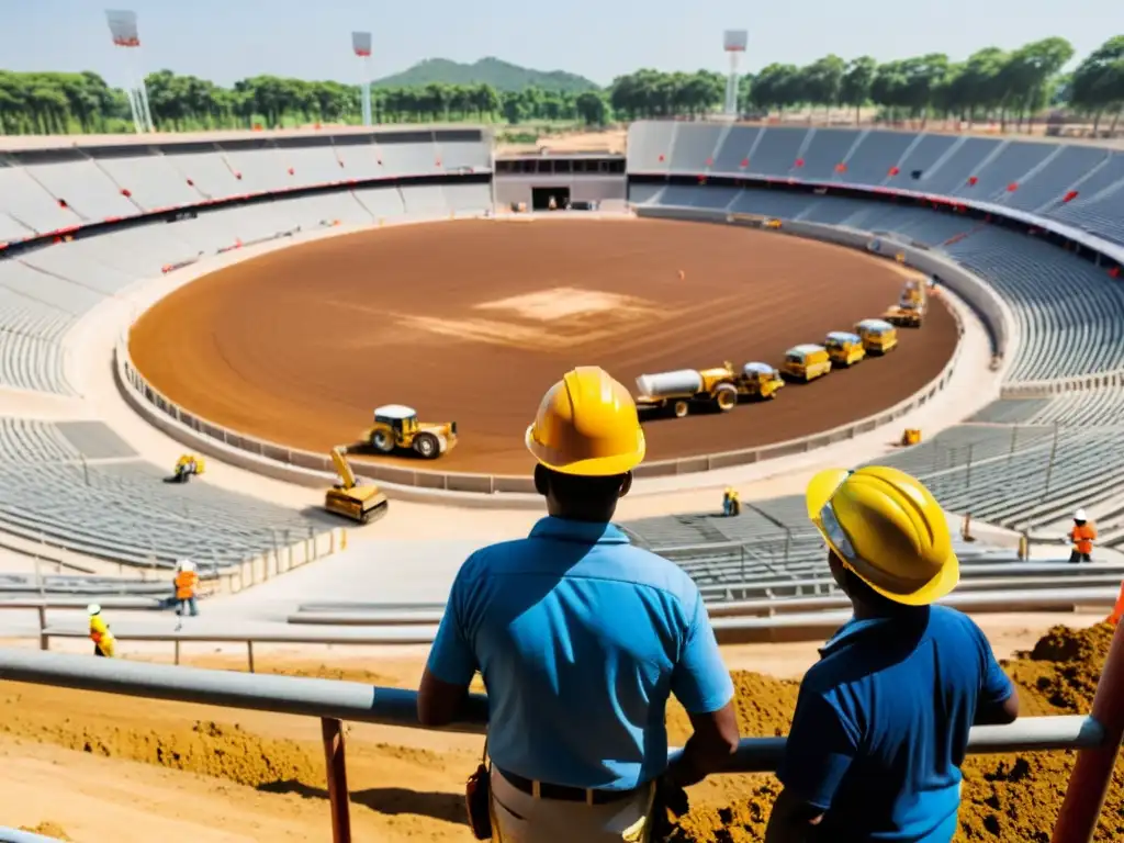 Derechos laborales en construcción estadios: Trabajadores en obra, laborando bajo el sol, transmitiendo esfuerzo y determinación