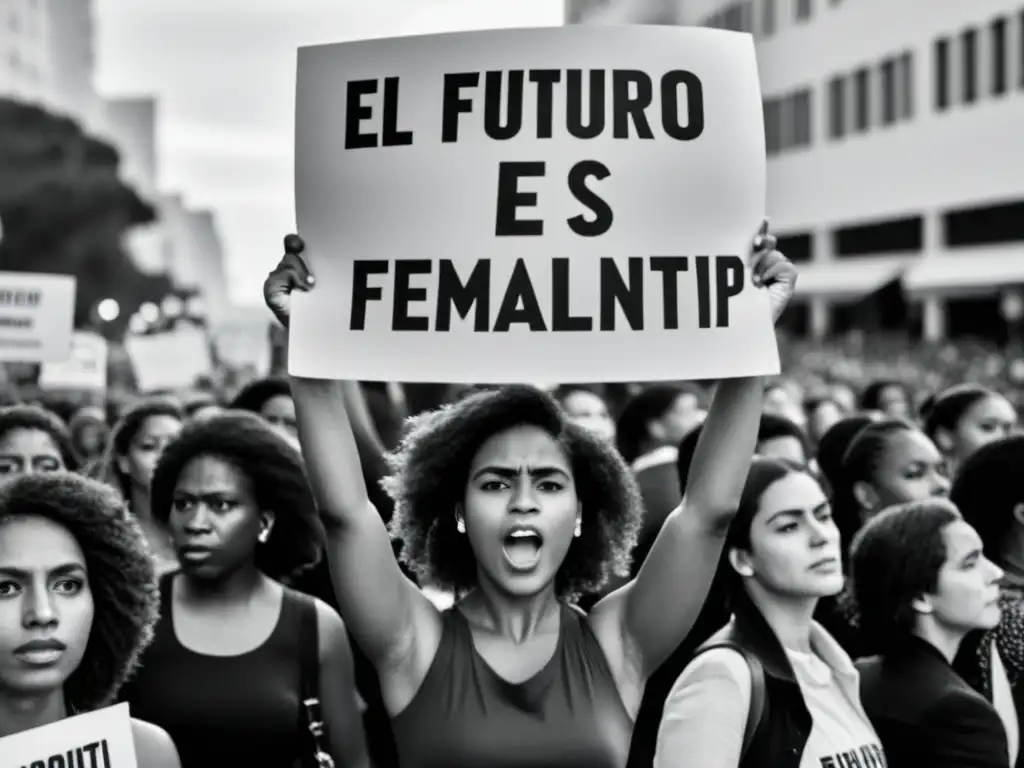 Manifestación por los derechos de la mujer con pancartas y consignas, destaca una niña sosteniendo un letrero 'El futuro es femenino'