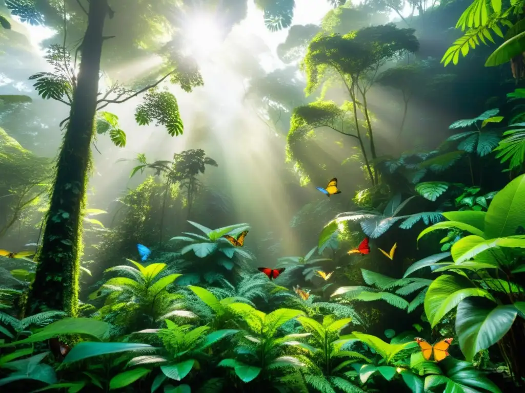 Derechos de la Naturaleza justicia climática: Imponente selva tropical rebosante de vida, con árboles altos y exuberante vegetación, bañada por la luz del sol y habitada por aves y mariposas coloridas