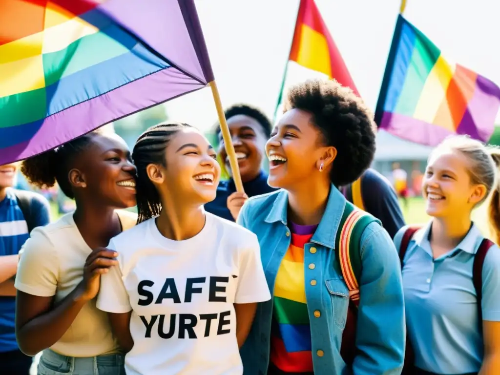 Derechos niños adolescentes LGBTIQ+ disfrutan juntos en entorno seguro y diverso, promoviendo la inclusión y la igualdad