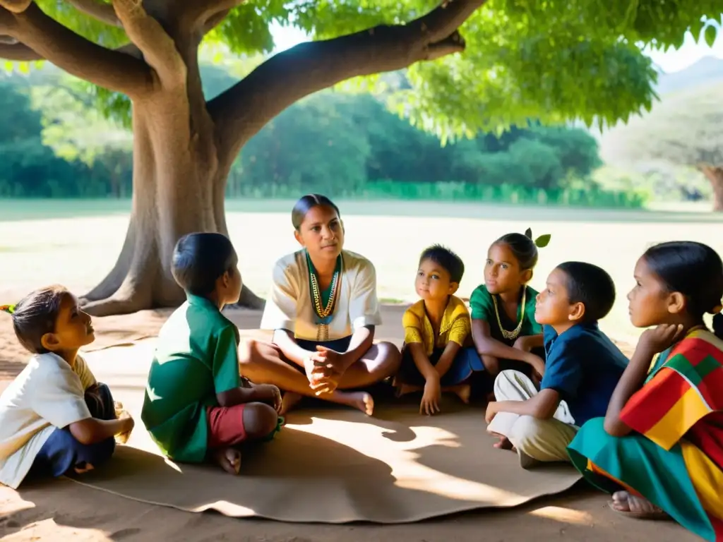 Derechos de niños indígenas en peligro: Niños escuchan atentamente a un sabio bajo un árbol, en un entorno de exuberante naturaleza