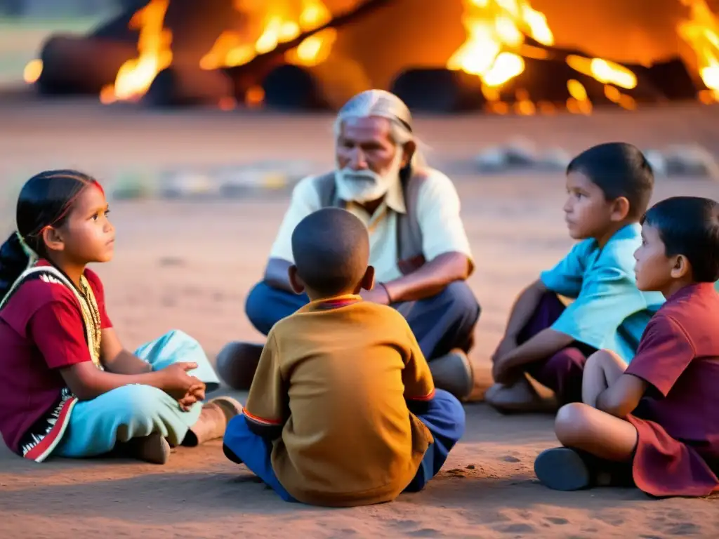 Derechos de niños indígenas en peligro: Niños escuchan con atención a un anciano que comparte sabiduría alrededor del fuego