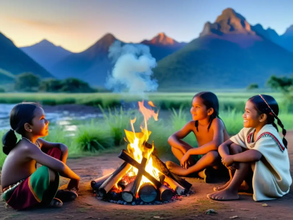 Derechos de niños indígenas en peligro: Niños escuchando historias alrededor del fuego, conectados con su cultura y entorno natural