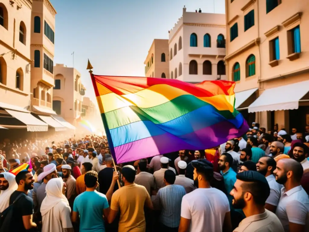 Derechos LGBTQ+ en Medio Oriente: Desfile del orgullo LGBTQ+ en una bulliciosa ciudad del Medio Oriente, con coloridas banderas arcoíris ondeando sobre la multitud, que reflejan la determinación y la solidaridad mientras marchan juntos