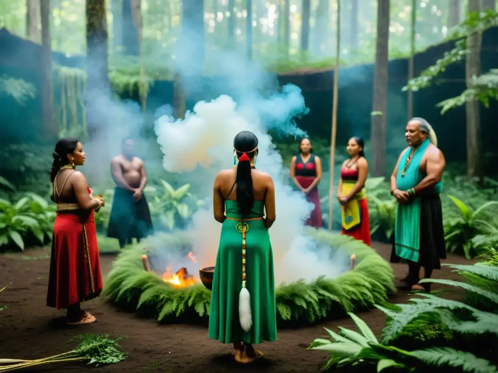 Derechos a la salud de poblaciones indígenas: Ceremonia de sanación tradicional en la selva, líderes indígenas, comunidad y humo de hierbas sagradas