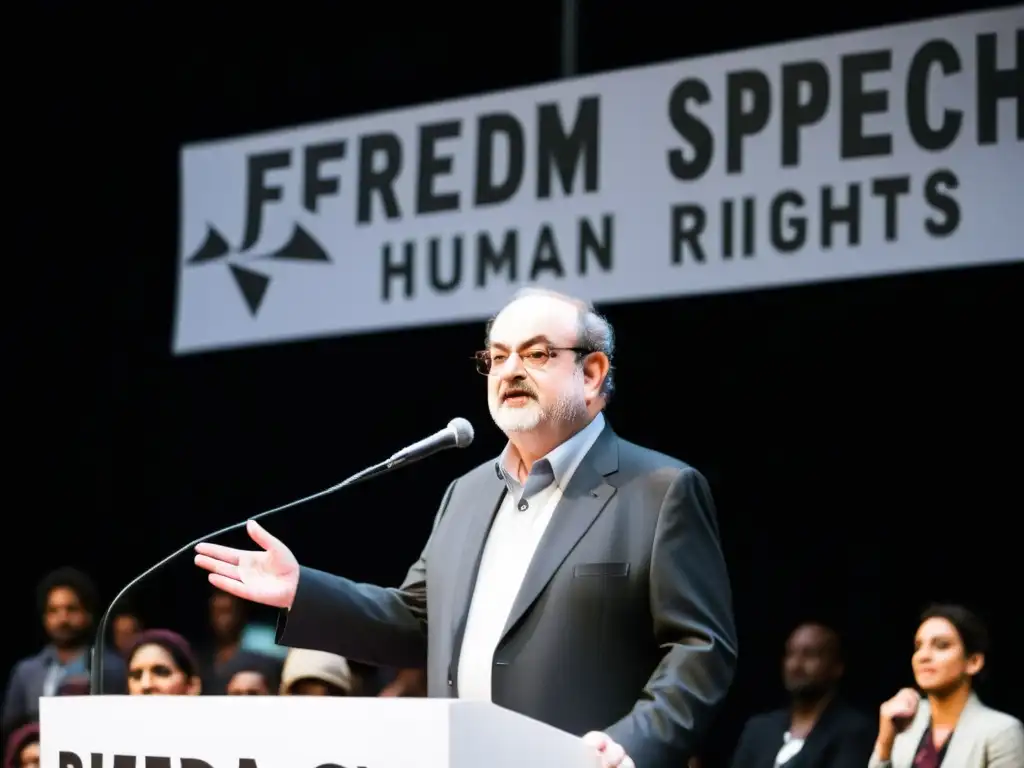 Salman Rushdie desafiante en el podio, rodeado de seguidores con carteles de 'Derechos Humanos' y 'Libertad de Expresión'