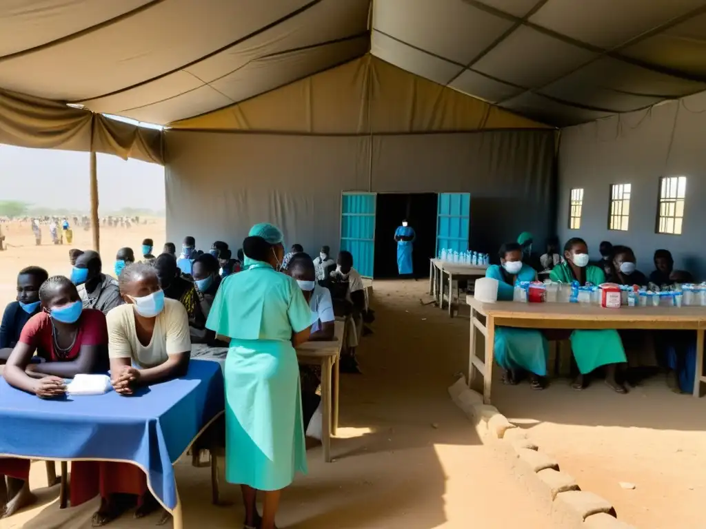 Desafíos logísticos vacunación zonas conflicto: Larga fila de personas esperando en clínica improvisada en región en conflicto, con trabajadores de salud administrando vacunas entre el caos y la destrucción