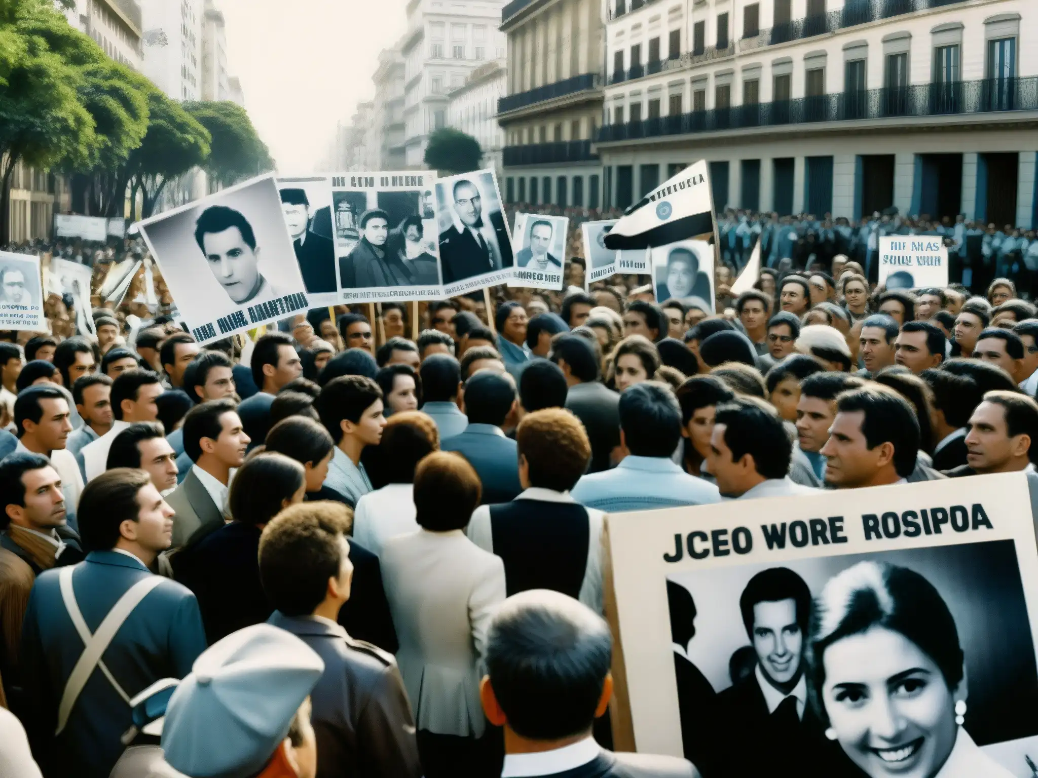 Manifestación por desapariciones durante dictadura argentina, rostros llenos de dolor y determinación en las calles