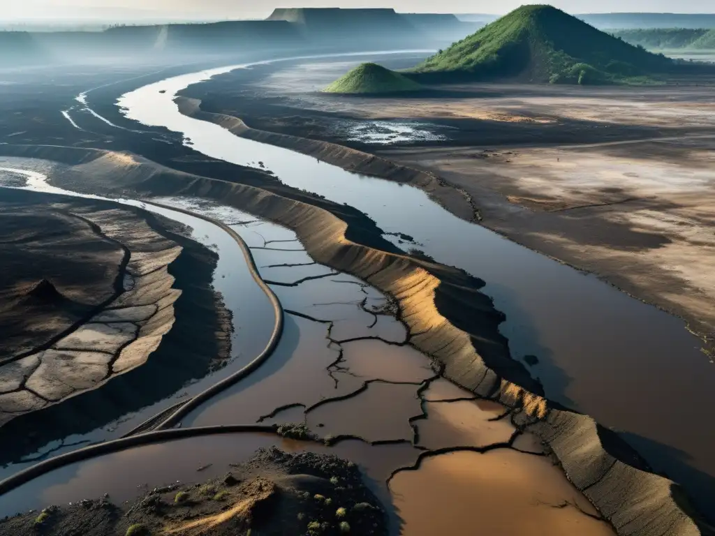 Desastres ecológicos y derechos humanos globales: paisaje devastado por la contaminación del agua y la deforestación debido a políticas autoritarias