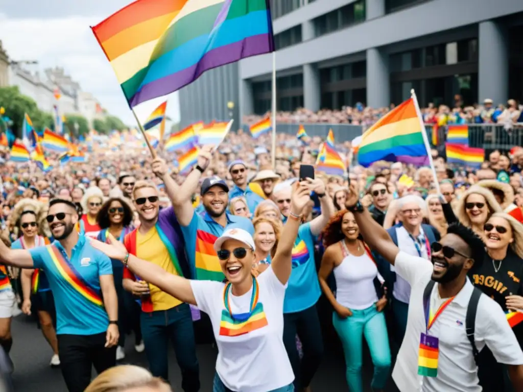 Desfile animado de orgullo LGBTIQ+ con gente ondeando banderas arcoíris y disfraces coloridos