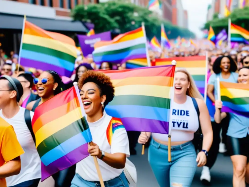 Desfile de orgullo LGBTQ+ con participantes diversxs y coloridas pancartas, reflejando la celebración y unidad de la comunidad