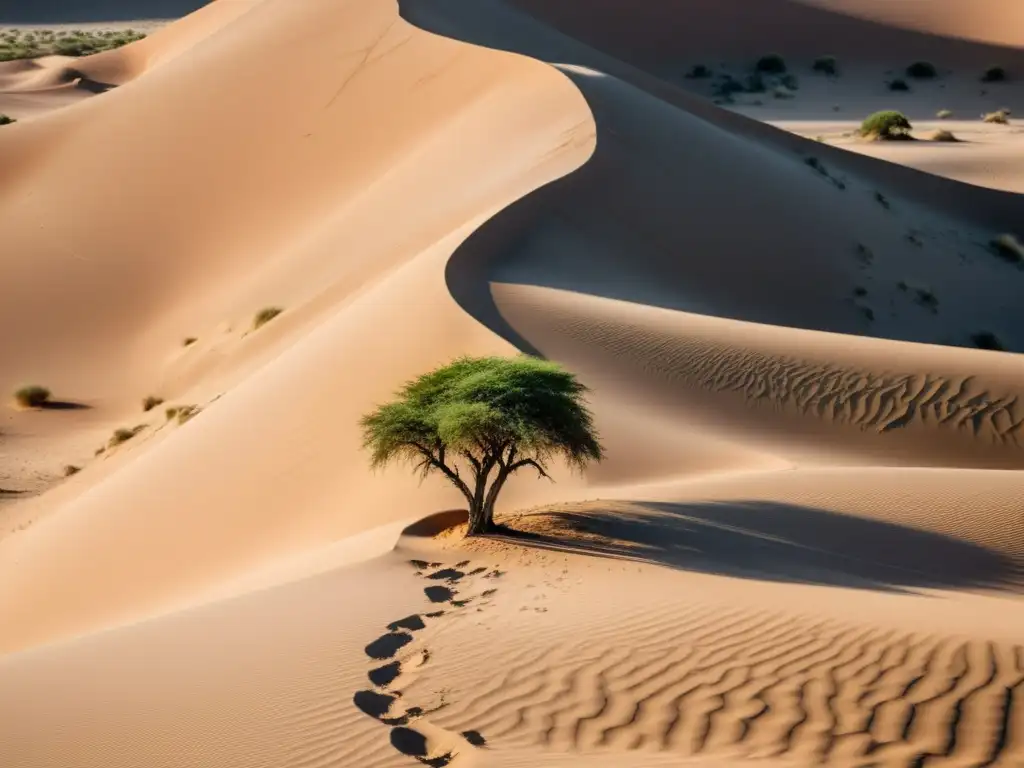 Desierto árido con árbol solitario y comunidad indígena, simbolizando la lucha contra la desertificación y los derechos humanos indígenas