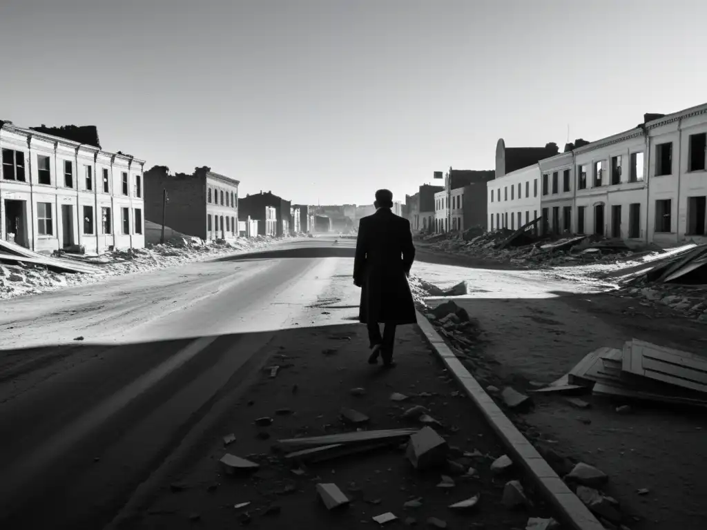 Una desolada calle de ciudad en ruinas, con escombros esparcidos y una figura solitaria a lo lejos