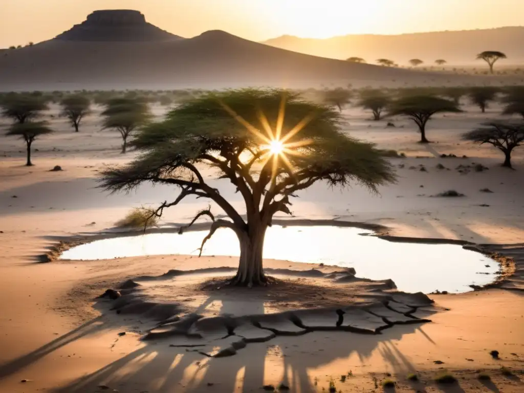 Desolado paisaje africano con sequía y personas afectadas por el impacto del cambio climático