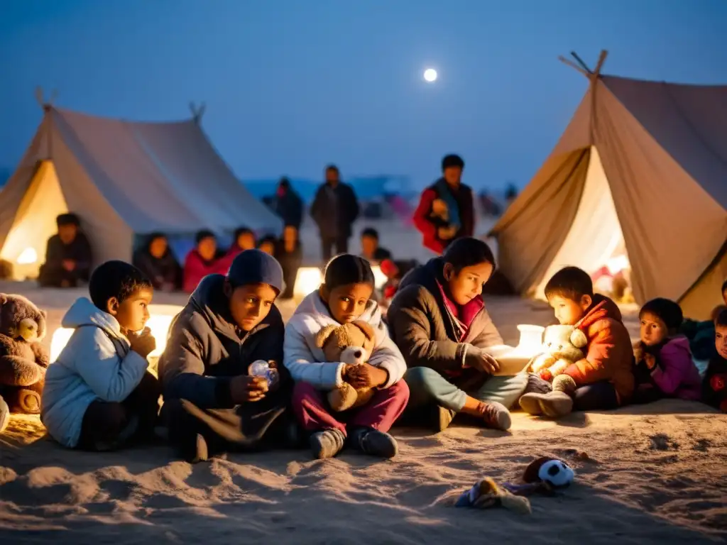 Desplazados internos reunidos en precario refugio, rostros cansados iluminados por luz tenue