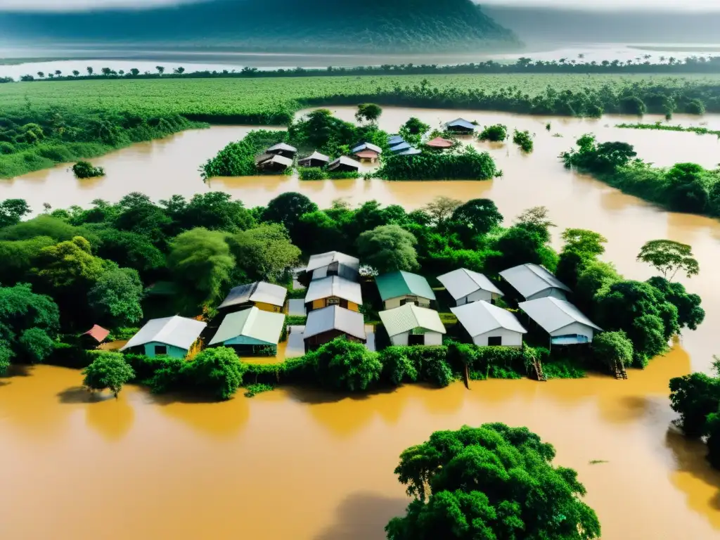 Desplazamiento por inundaciones en aldea rural, impacto cambio climático migración interna