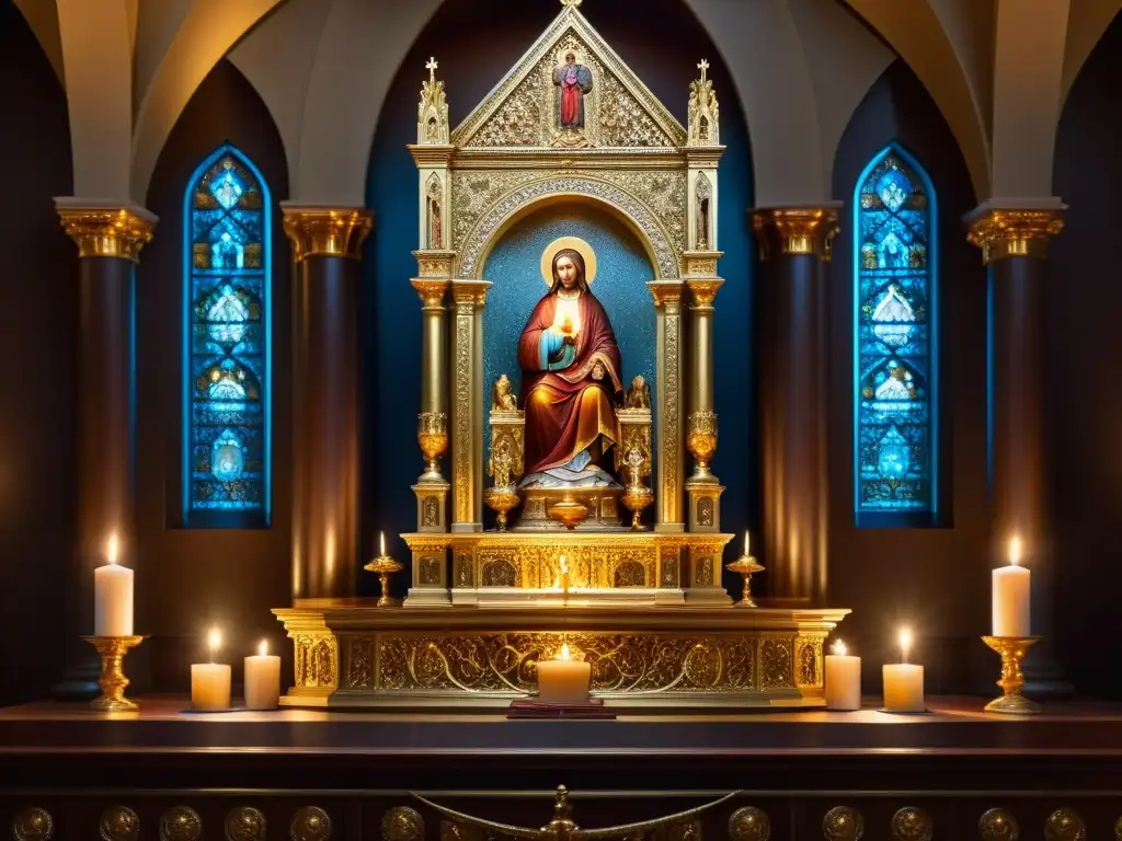 Detallada fotografía de un altar dorado en una catedral iluminada por velas, resaltando el arte sacro y la atmósfera solemne