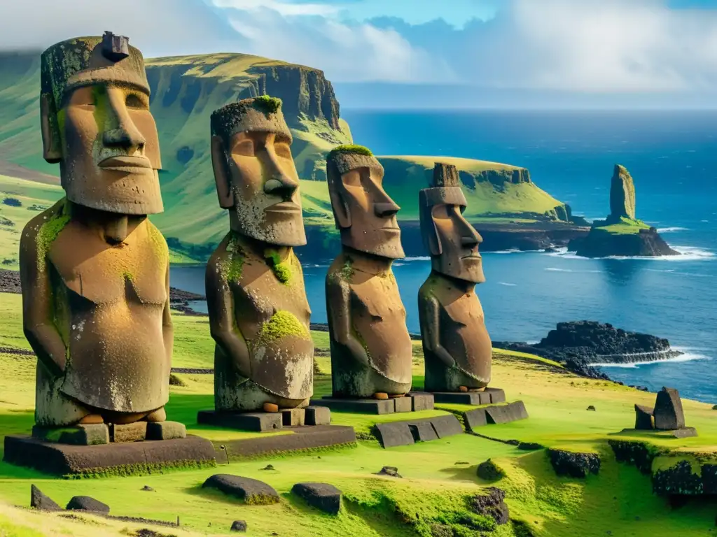 Detalle de la impresionante estatua Moai en Isla de Pascua, destacando su textura erosionada y presencia imponente