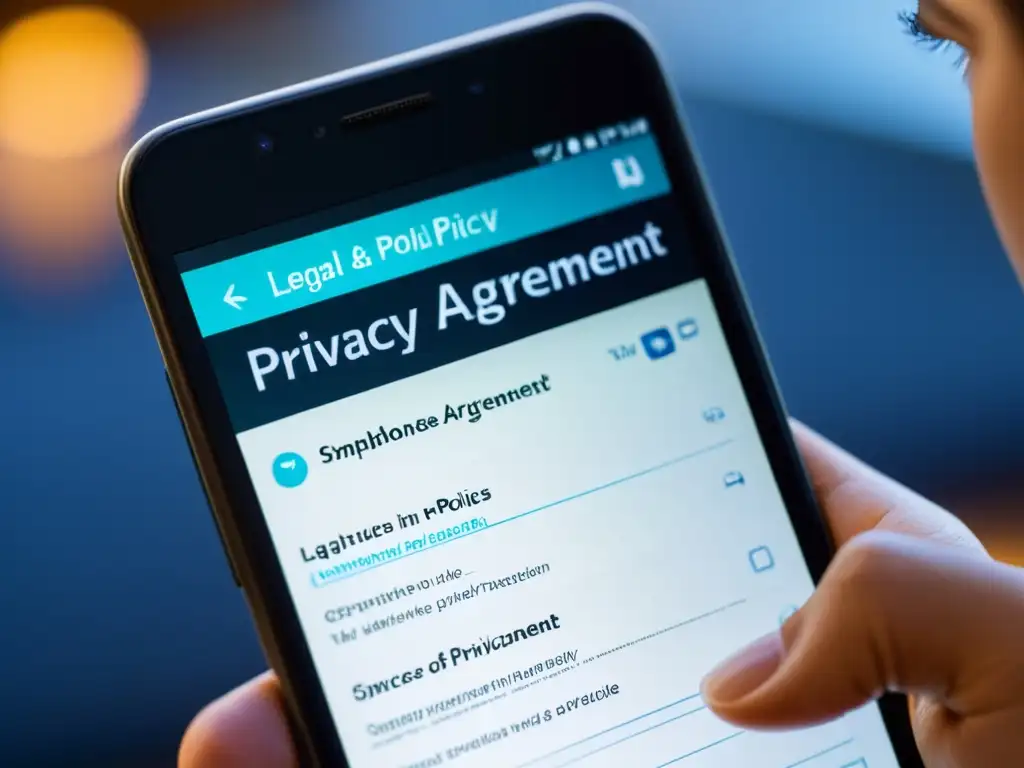 Detalle de pantalla de smartphone mostrando complejidades de interpretación política privacidad aplicación derechos humanos en la era digital