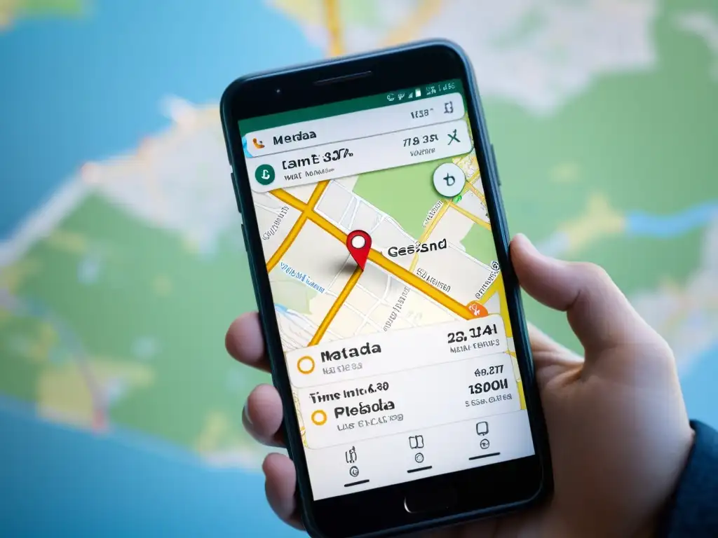 Detalle de pantalla de smartphone con mapa y metadatos, mostrando la importancia de los metadatos en la vida diaria