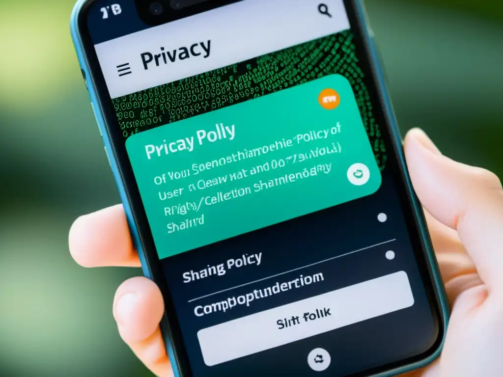 Detalle de pantalla de smartphone con política de privacidad de app, destacando la complejidad y necesidad de interpretación