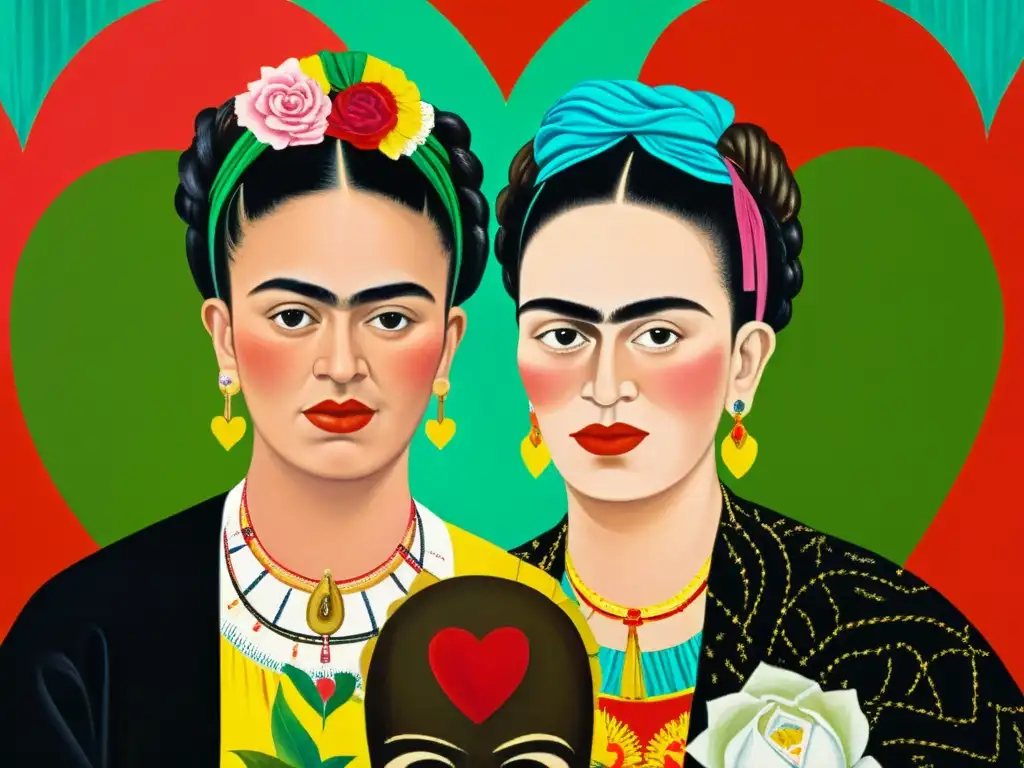 Detalle vibrante de Las Dos Fridas de Frida Kahlo, con representación femenina en arte