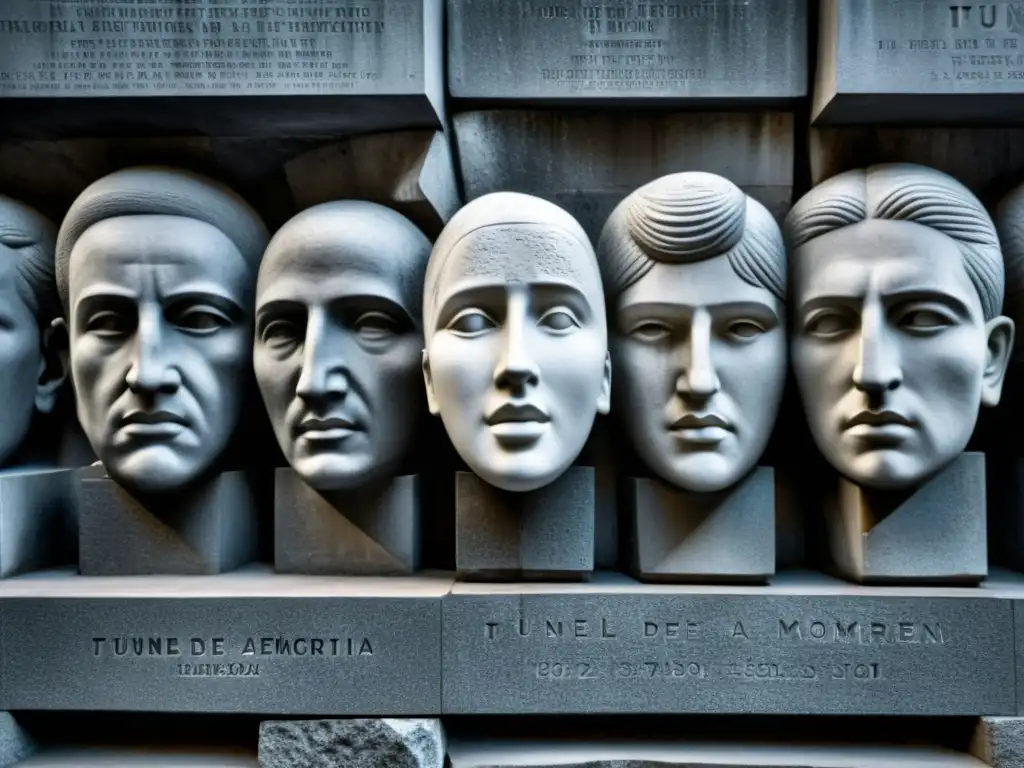 Detalles de la escultura del Túnel de la Memoria en Buenos Aires, con rostros tallados en piedra, obras escultóricas como símbolos de protesta