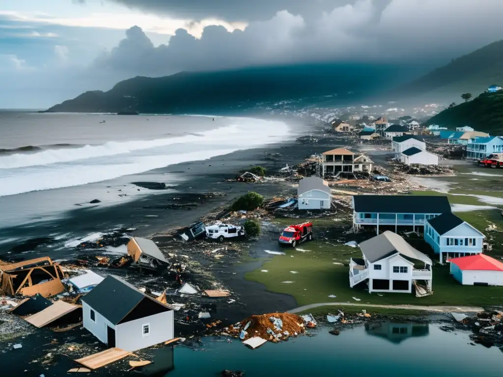 Devastación en un pueblo costero tras desastre natural, con escombros y edificios dañados