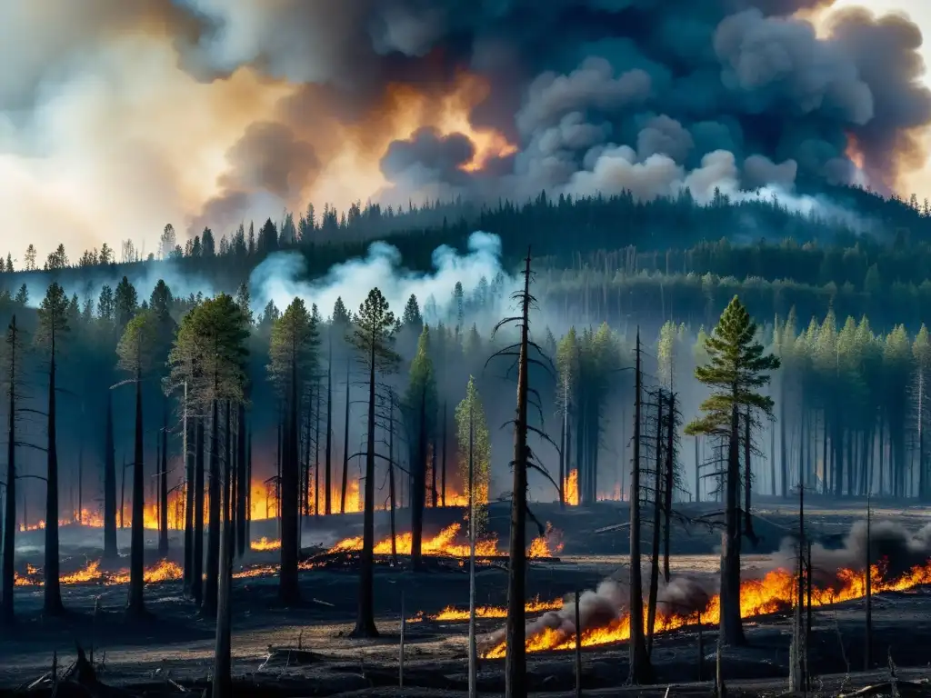 Devastador impacto ambiental en conflictos olvidados: bosque humeante y árboles carbonizados, escena dramática y resiliente