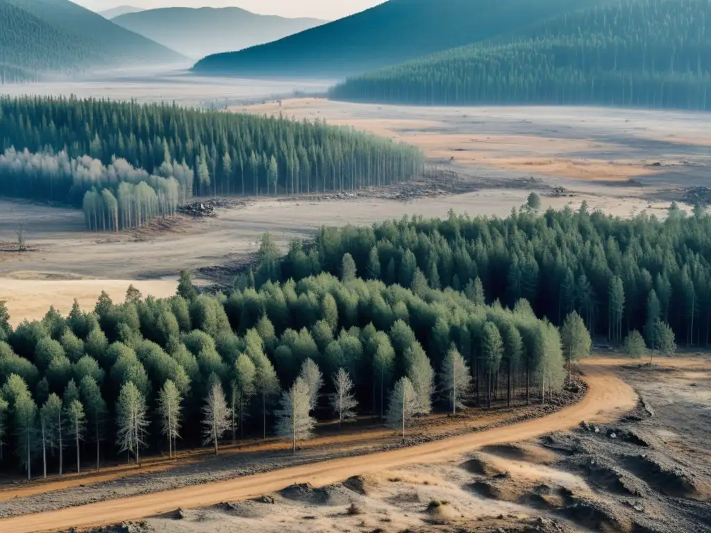 Devastador impacto ambiental de políticas autoritarias en un paisaje deforestado, con árboles y arbustos dispersos en el suelo