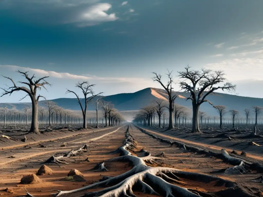 Devastador impacto ambiental de políticas autoritarias en un paisaje deforestado y desolado