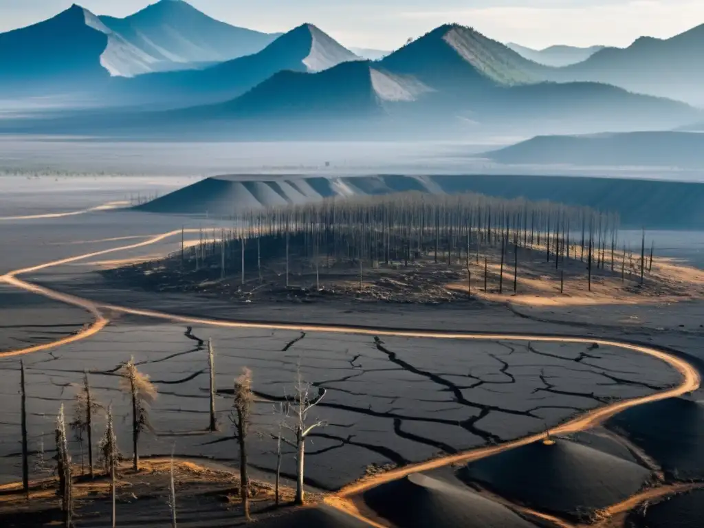 Devastadora imagen del impacto de la deforestación en los derechos humanos, con un paisaje desolado y árboles restantes