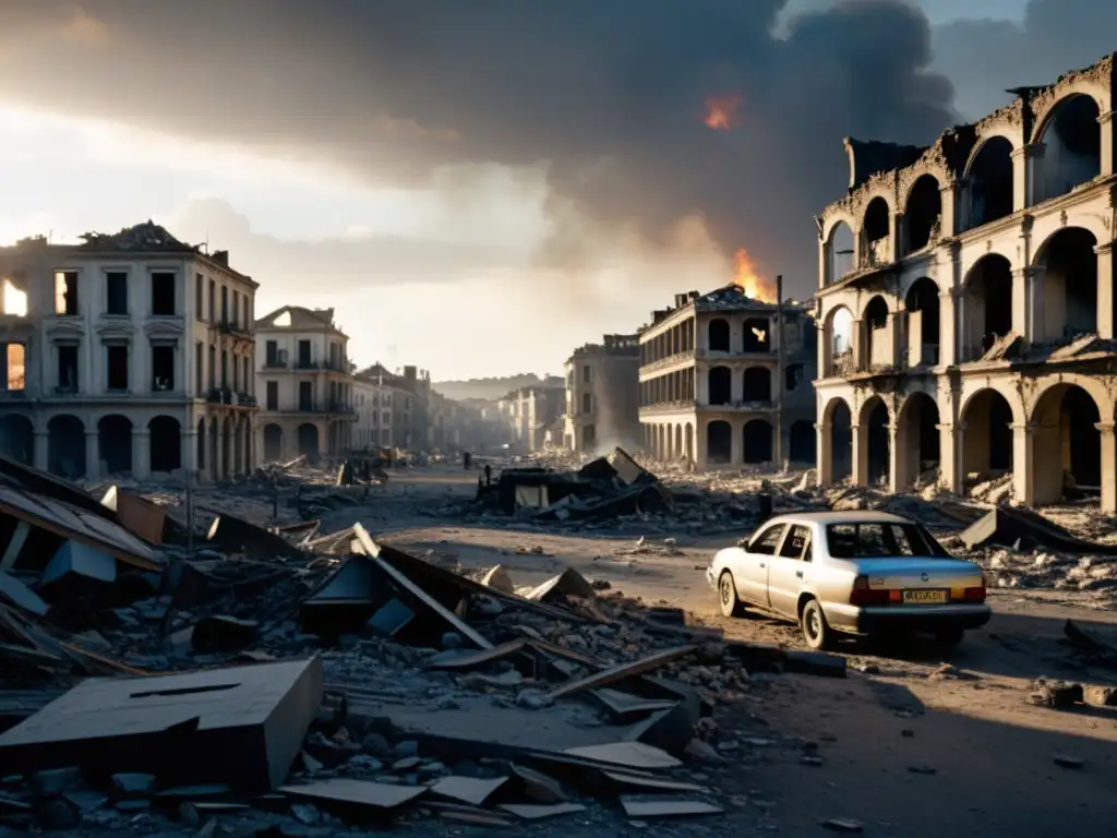 Devastadora imagen que muestra el impacto de las guerras en la pobreza urbana, con edificios en ruinas y un ambiente desolador y desolado